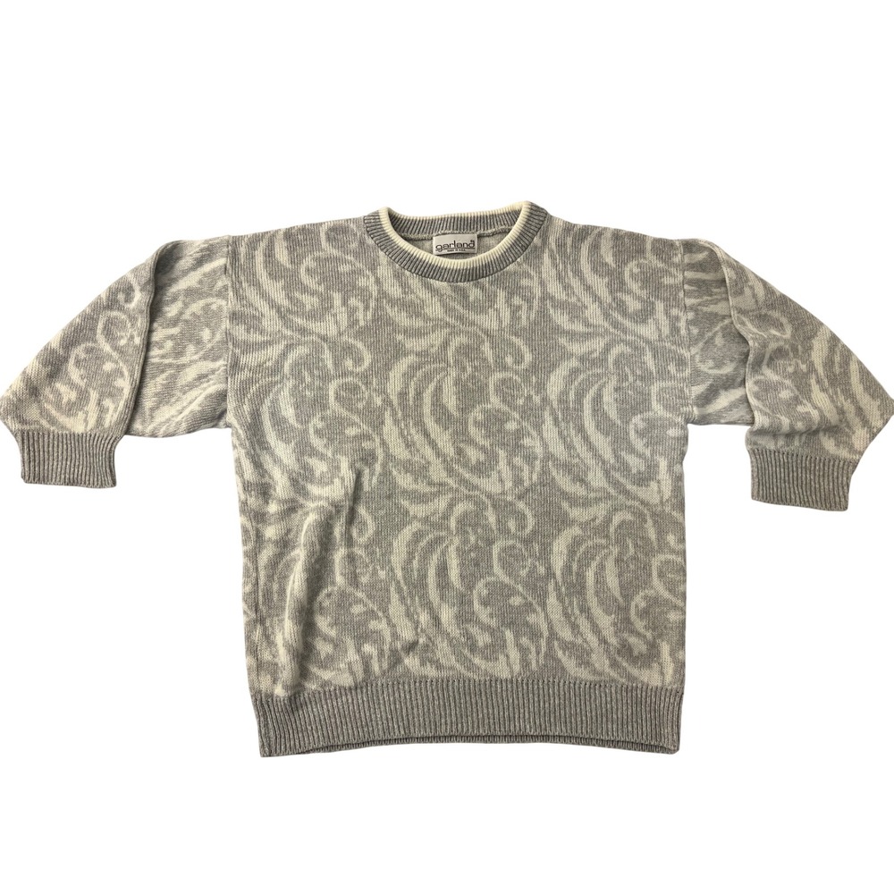 Vintage Garland Grey Cream Abstract Swirl Jacquard Knit Sweater USA Made Med
